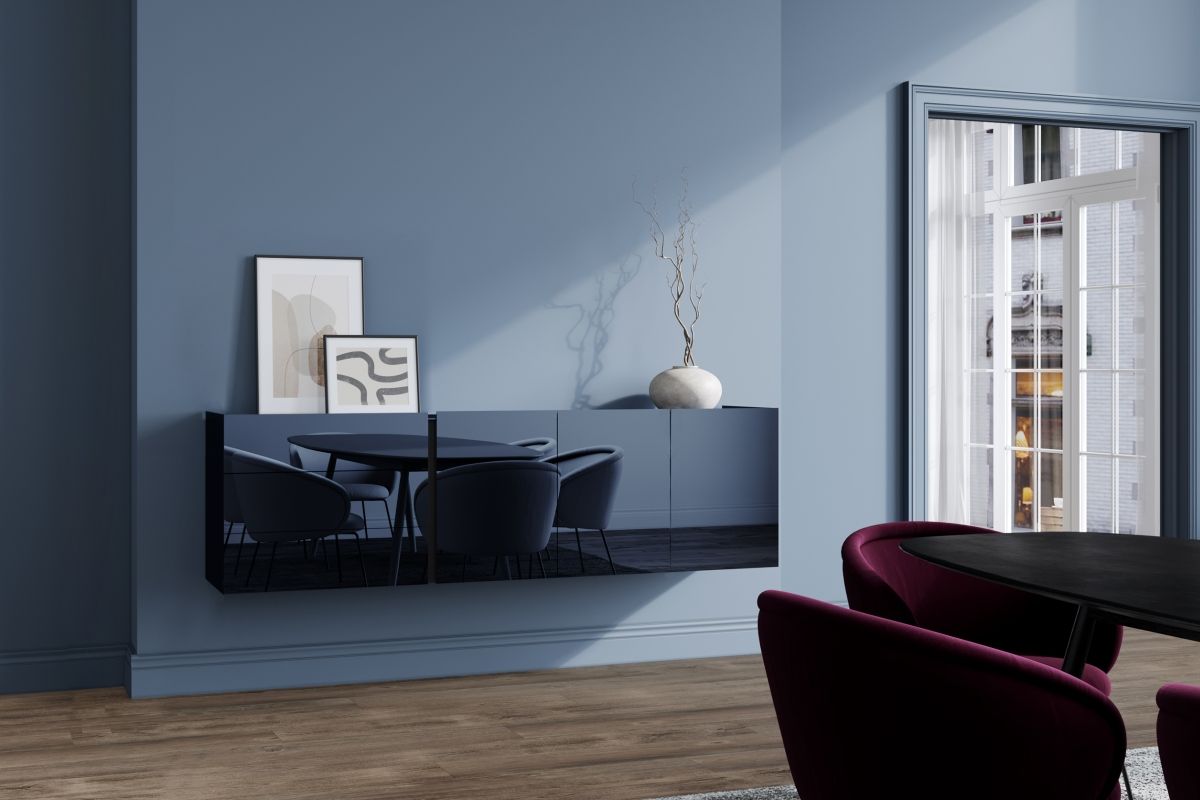 Wandhängendes Sideboard mit Indigospiegel puristisches Design