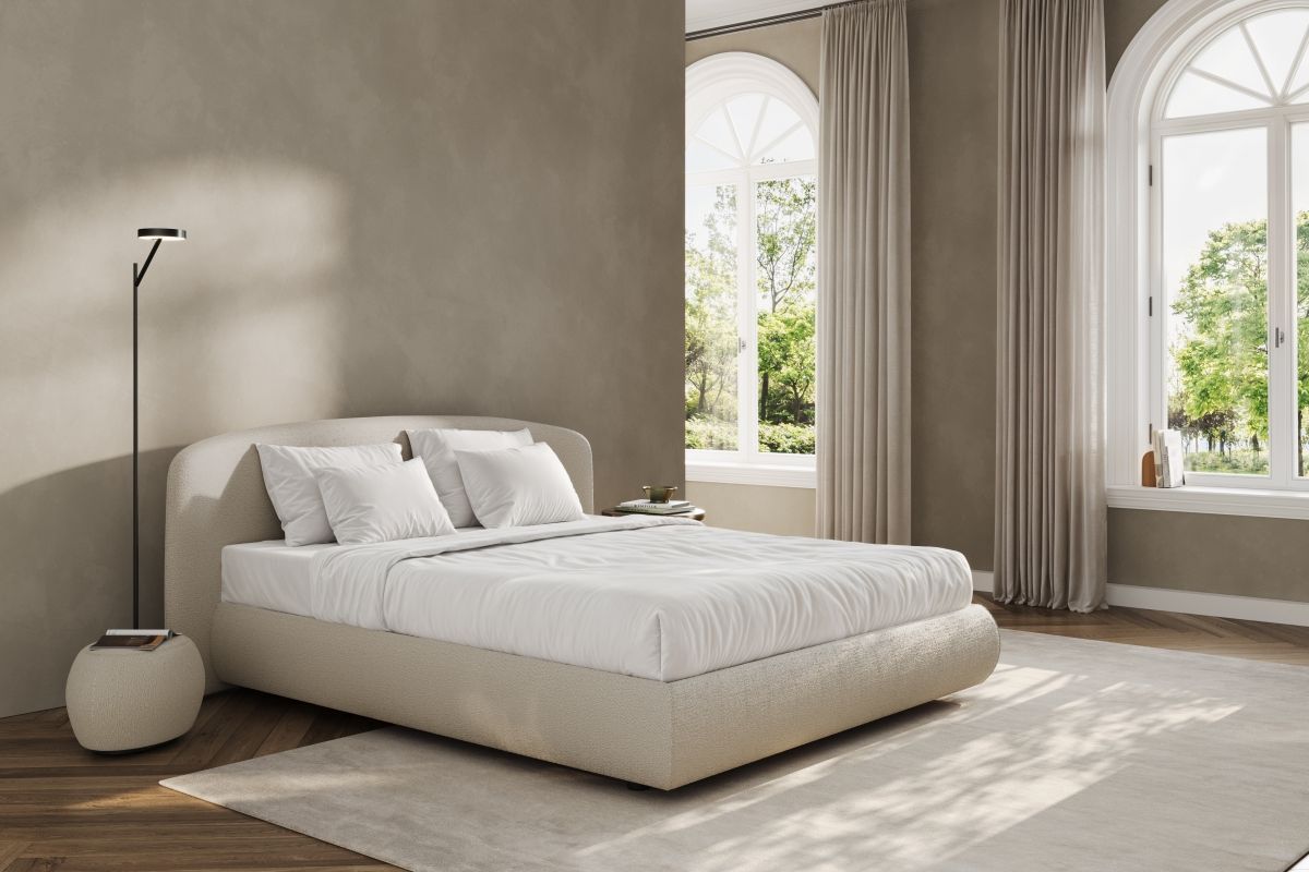 Boxspring Polsterbett beige mit gebogenem Kopfteil